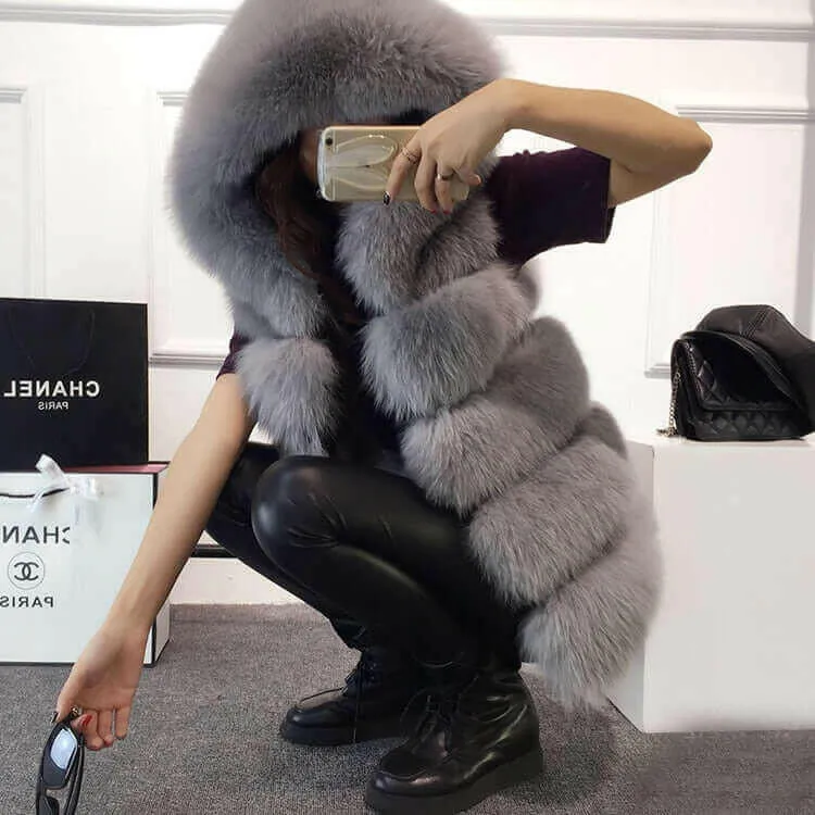 2022 Winter Sleeveless Artificial Fox Fur Coat Gilet Faux Fur Jacket