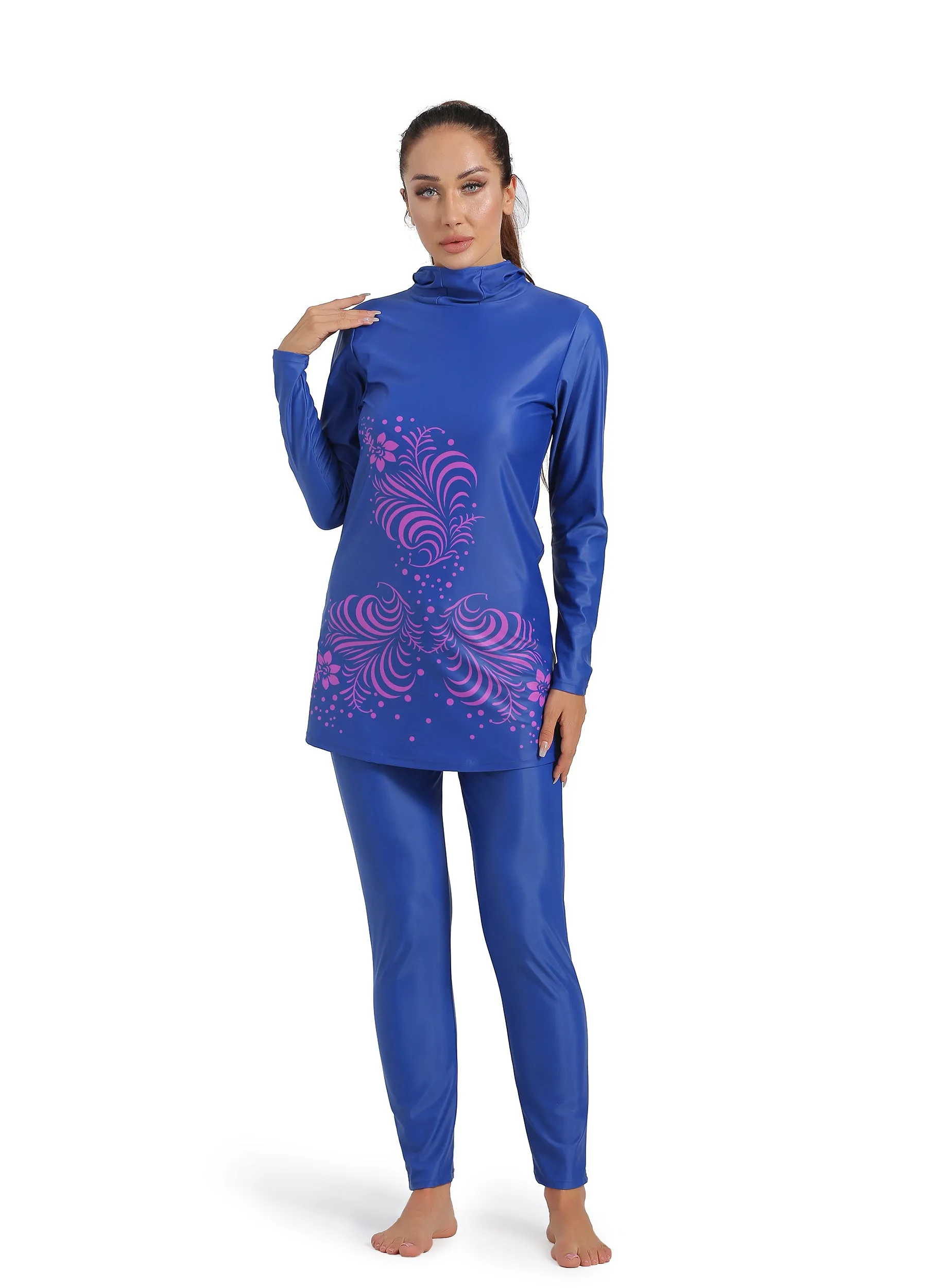 4POSE Women's Floral Print Elegant Full coverage Burkini Hijab 2-Pieces Swimsuit Set