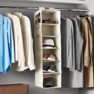 6370  6 Shelf Hanging Closet Organizer, Space Saver, Sweater & Clothing Shelves, Breathable Material Keeps Away Dust & Odors,