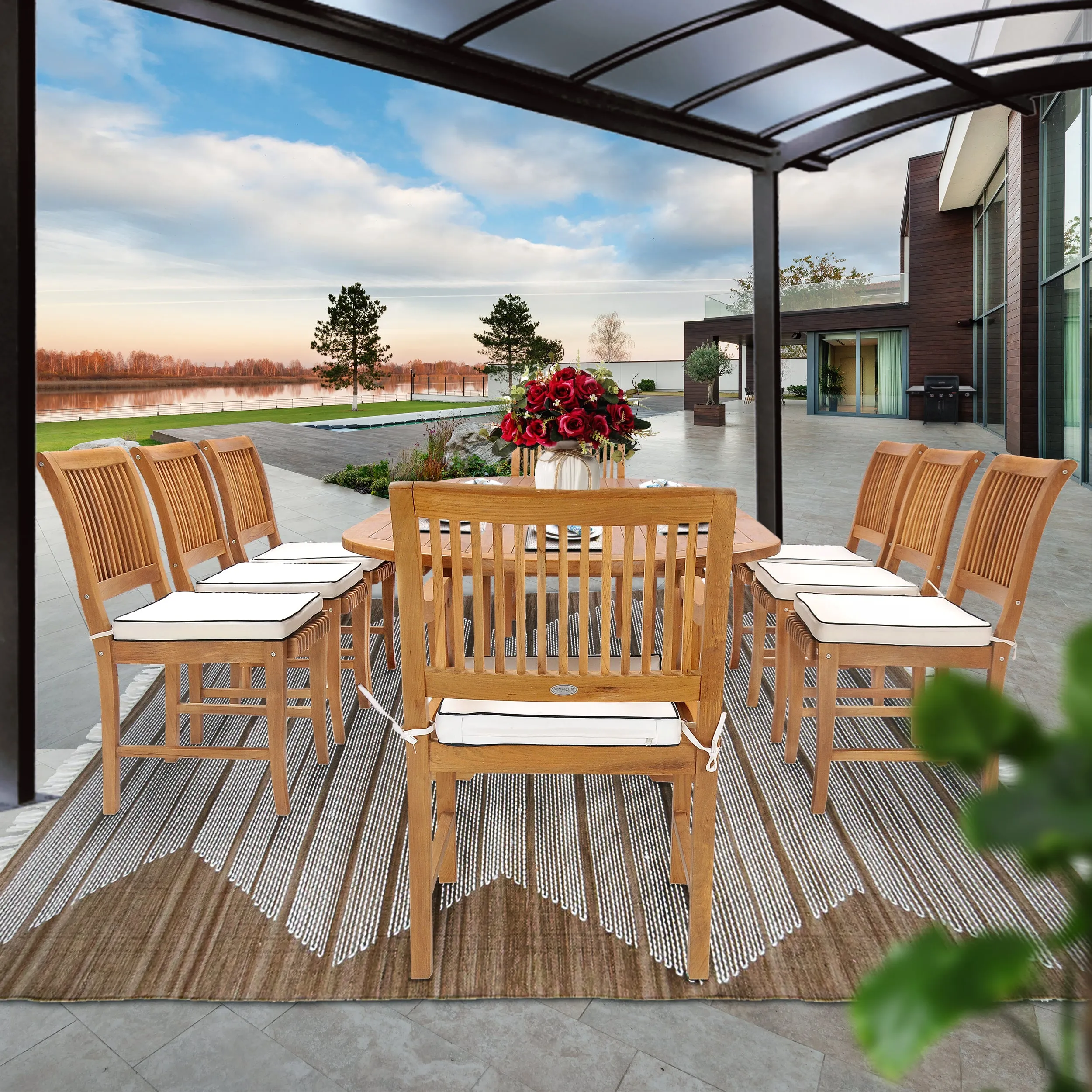 9 Piece Teak Wood Castle Patio Dining Set with Oval Extension Table, 6 Side Chairs and 2 Arm Chairs