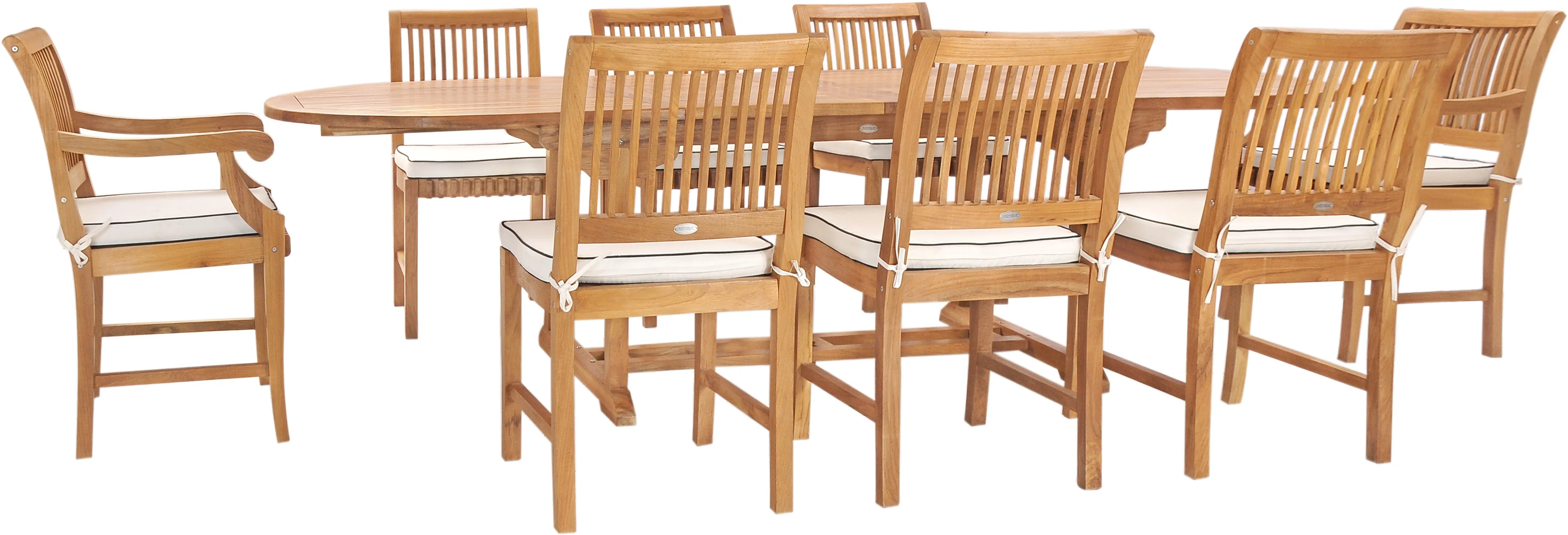 9 Piece Teak Wood Castle Patio Dining Set with Oval Extension Table, 6 Side Chairs and 2 Arm Chairs