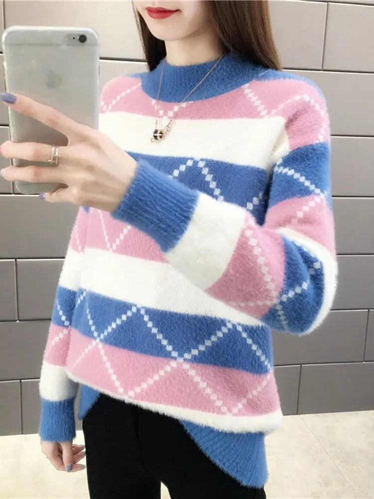 Argyle Women Pullover Sweater Winter Thick Warm Student Knitted Jumper Cute Pink Patchwork Korean Loose Ladies Coats