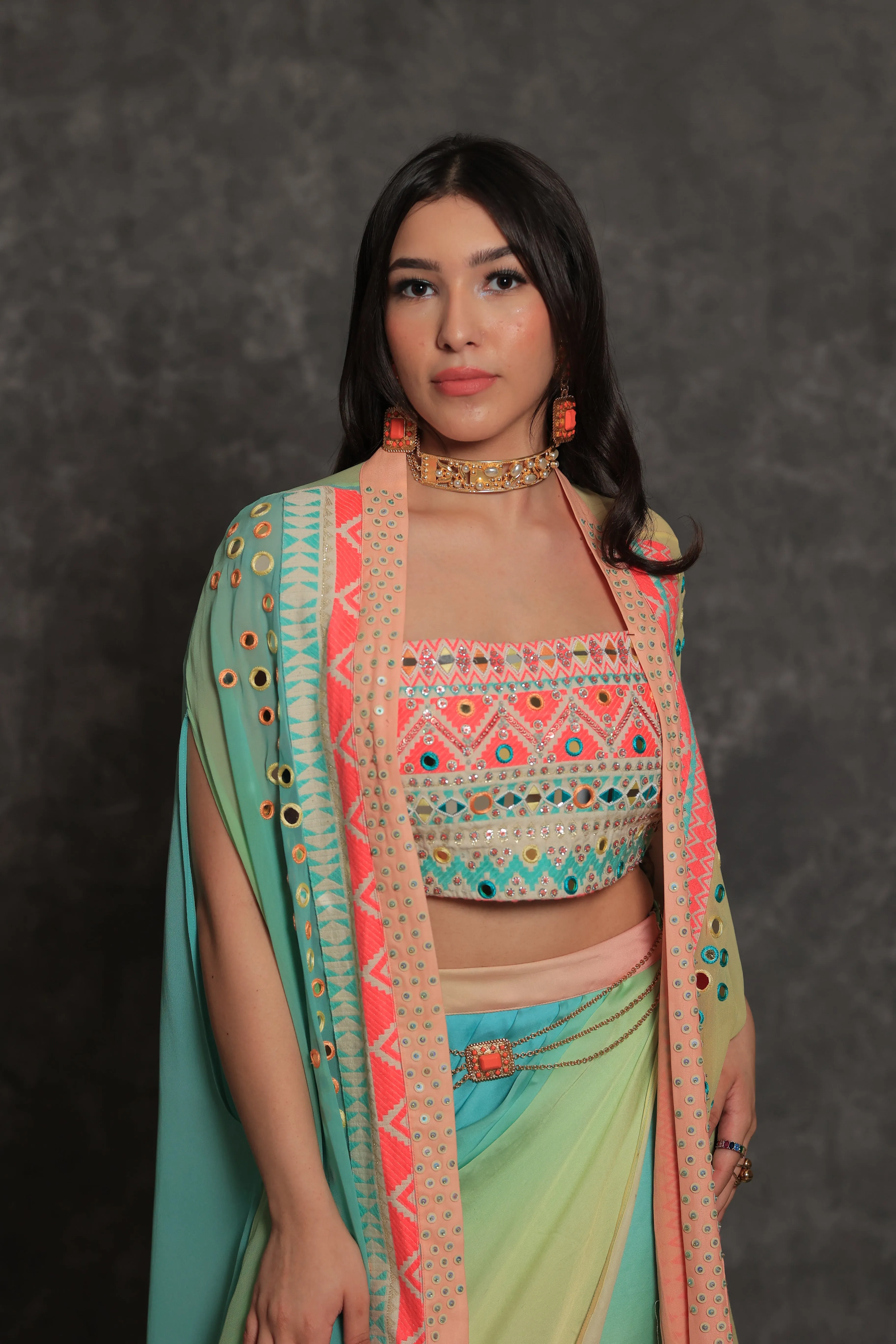 Aztec Coral Dhoti Cape Set