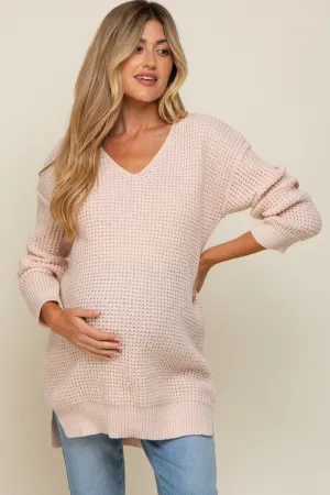 Beige Chunky Knit V-Neck Side Slit Long Maternity Sweater