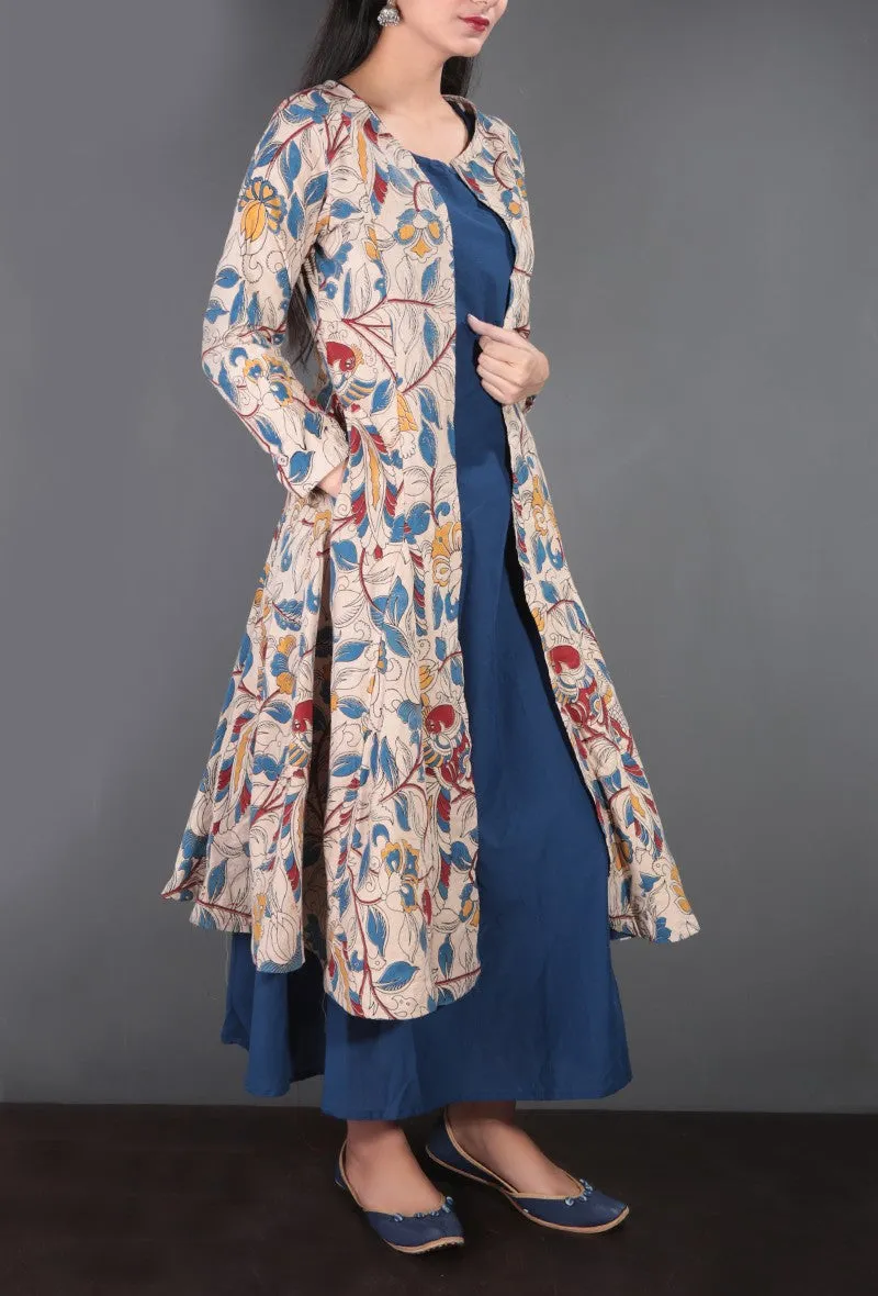 Beige Full Sleeved Kalamkari Cape with Pockets