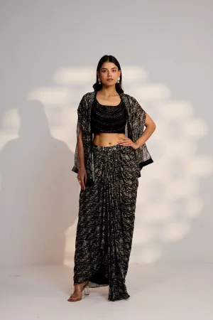 Black Printed Pure Georgette Cape Set