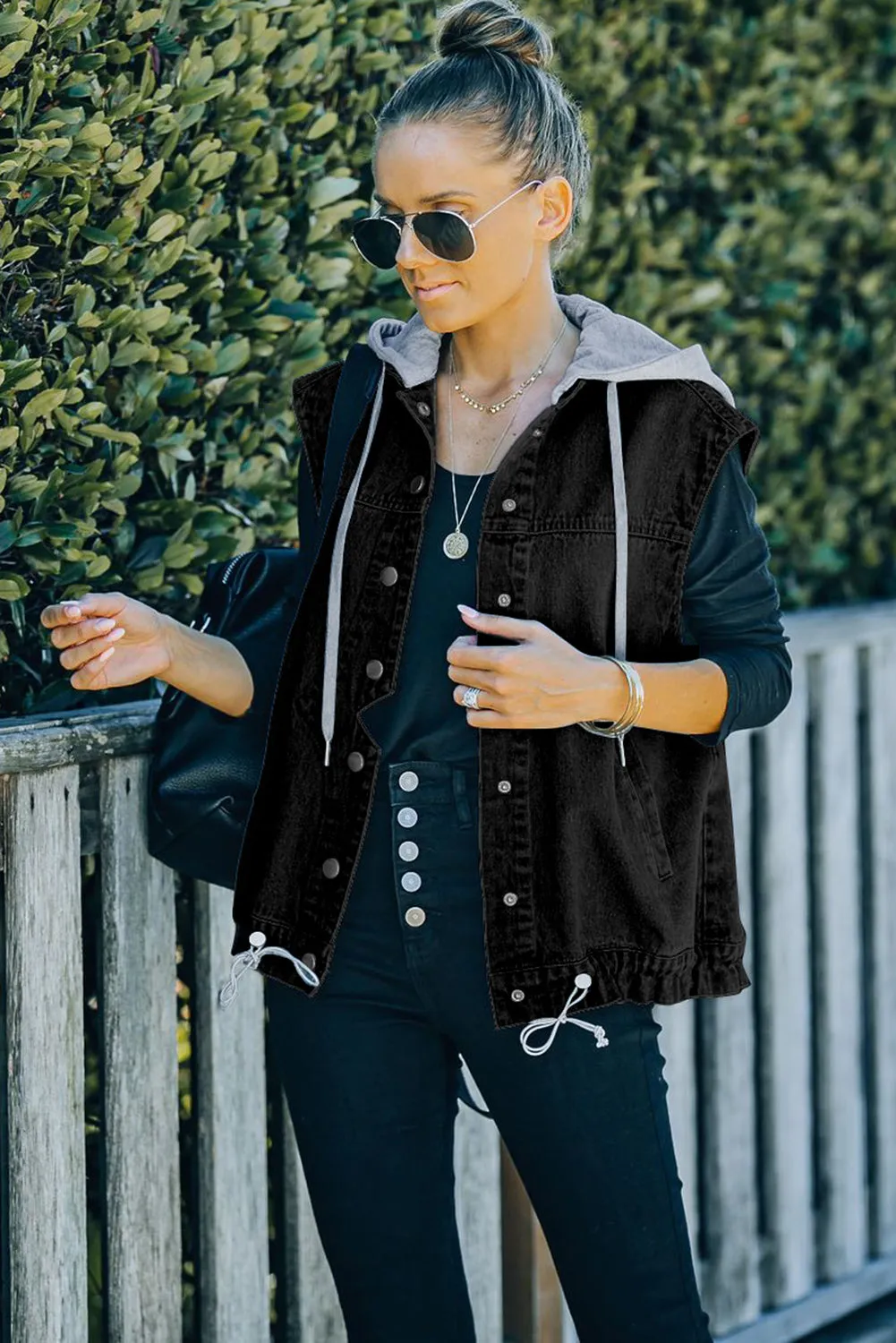 Black Solid Color Hooded Denim Vest Jacket