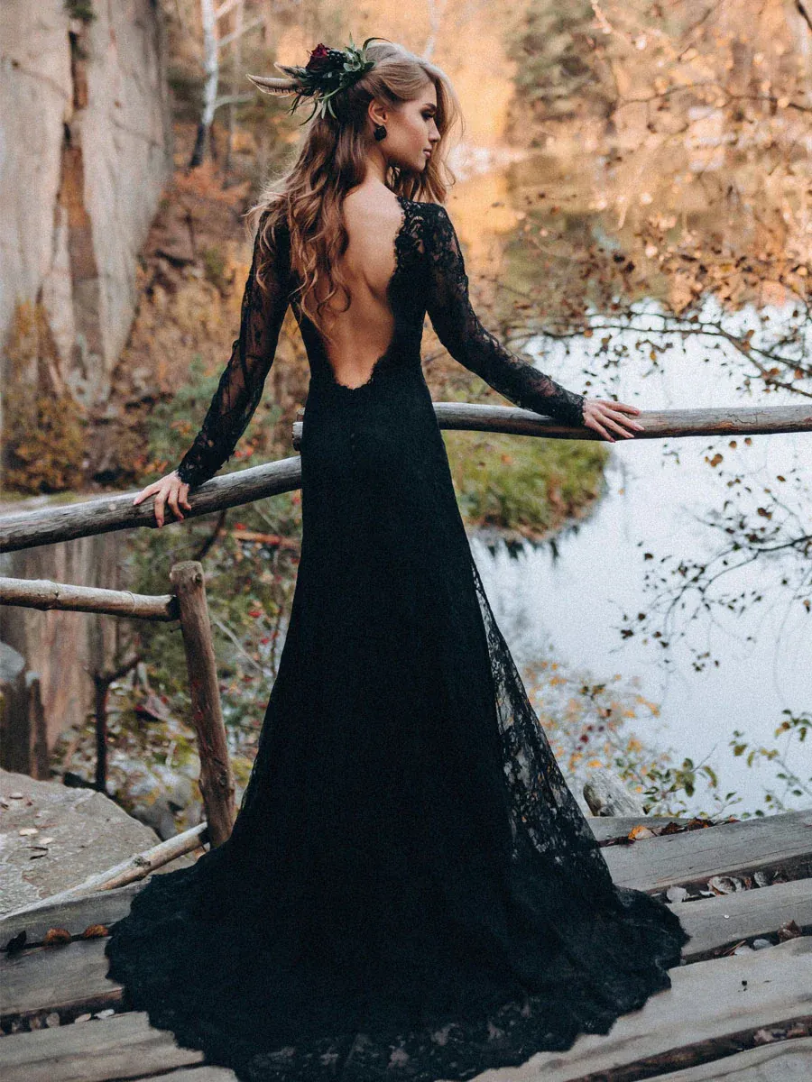 Black Sweetheart Long Sleeves Lace Backless Wedding Dresses