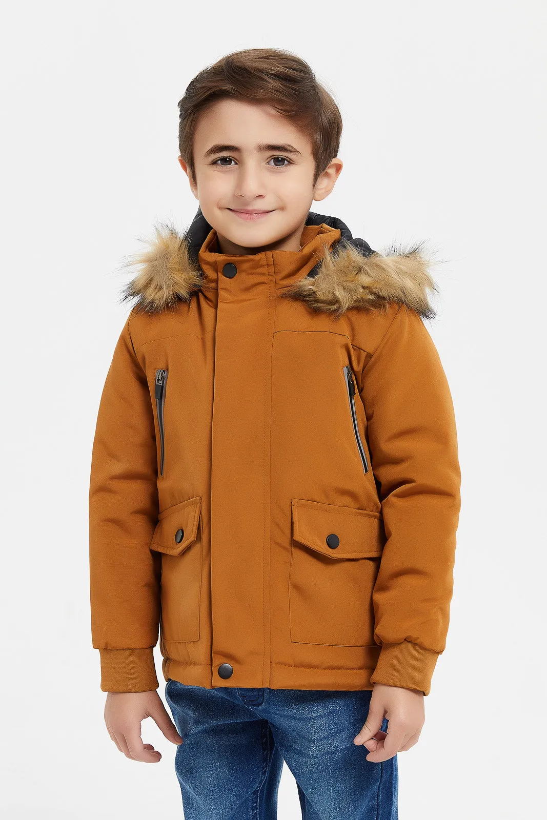 Boys Brown Embellished Hoodie Jacket