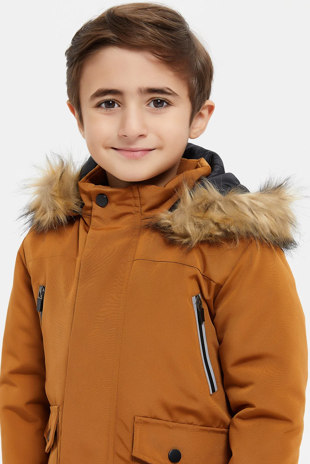 Boys Brown Embellished Hoodie Jacket