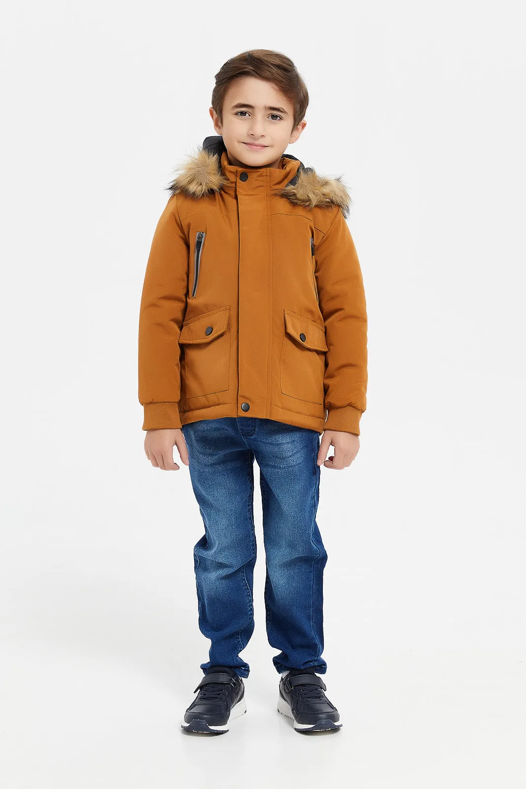 Boys Brown Embellished Hoodie Jacket