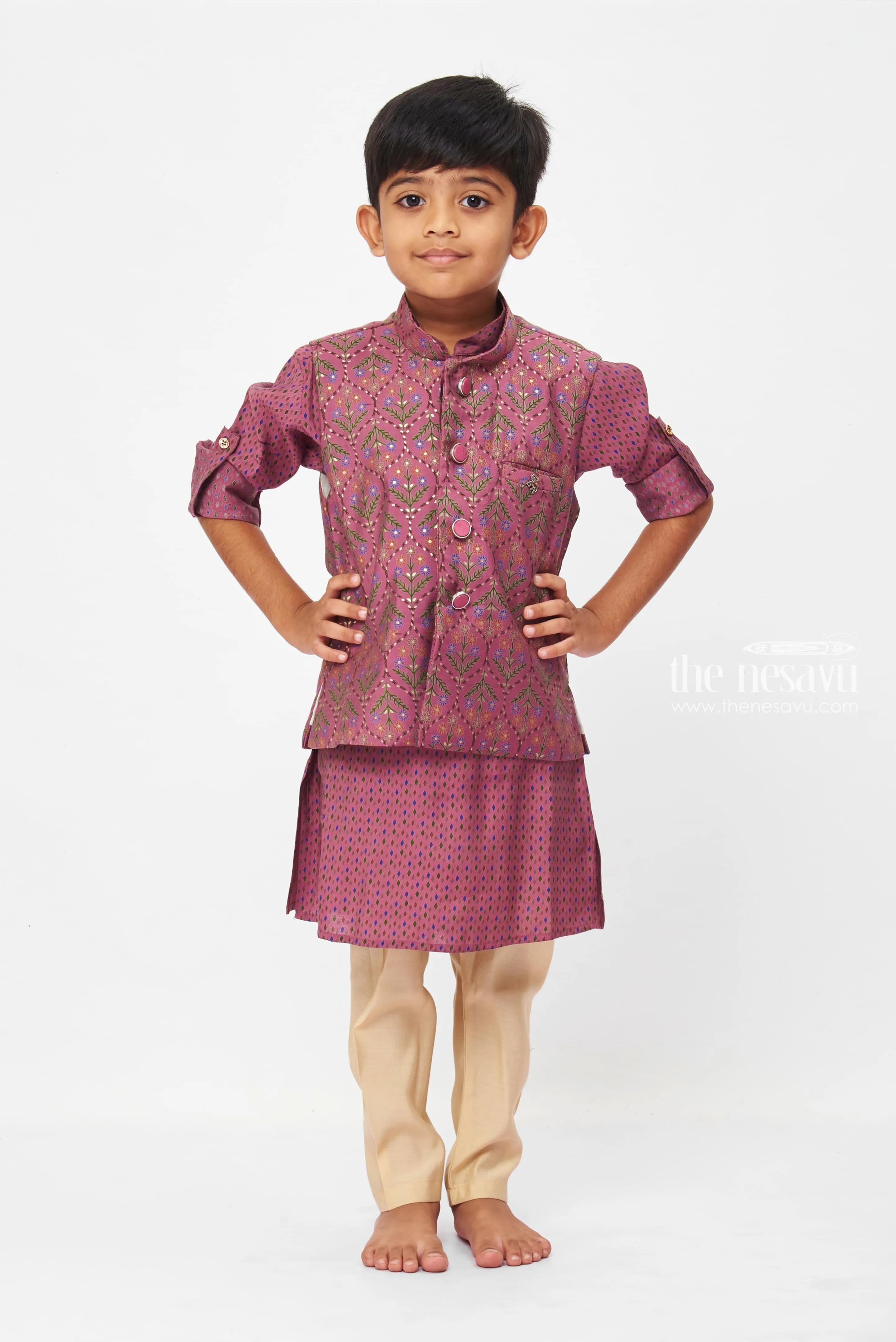 Boys Regal Purple Kurtha with Botanical Printed and Patterned Jacket