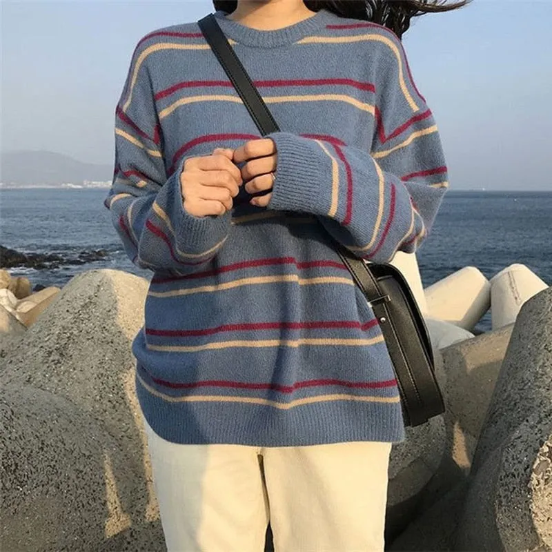 Casual Striped Women Sweater Pullover O Neck Knitted Jumper Winter Thick Student Winter Thick Tops Loose Female Sweater