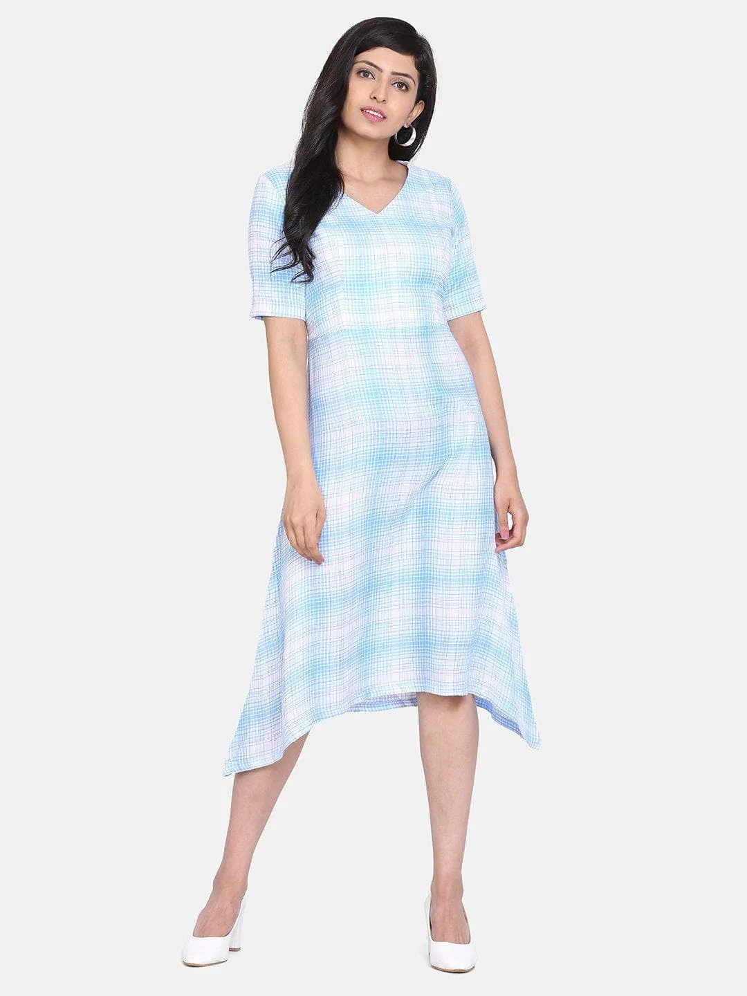 Check Rayon A Line Dress - Sky Blue