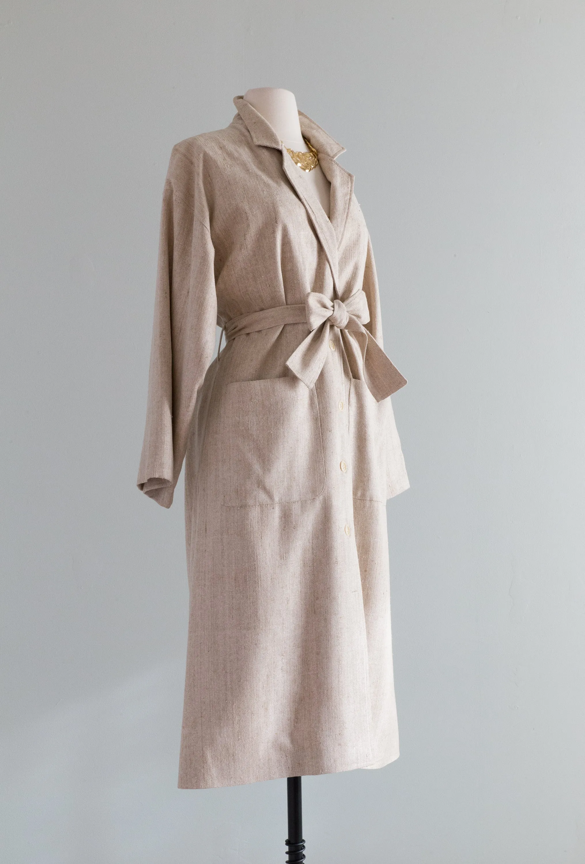 Chic 1980's Long Line Silk Trench Coat With Belt / Medium