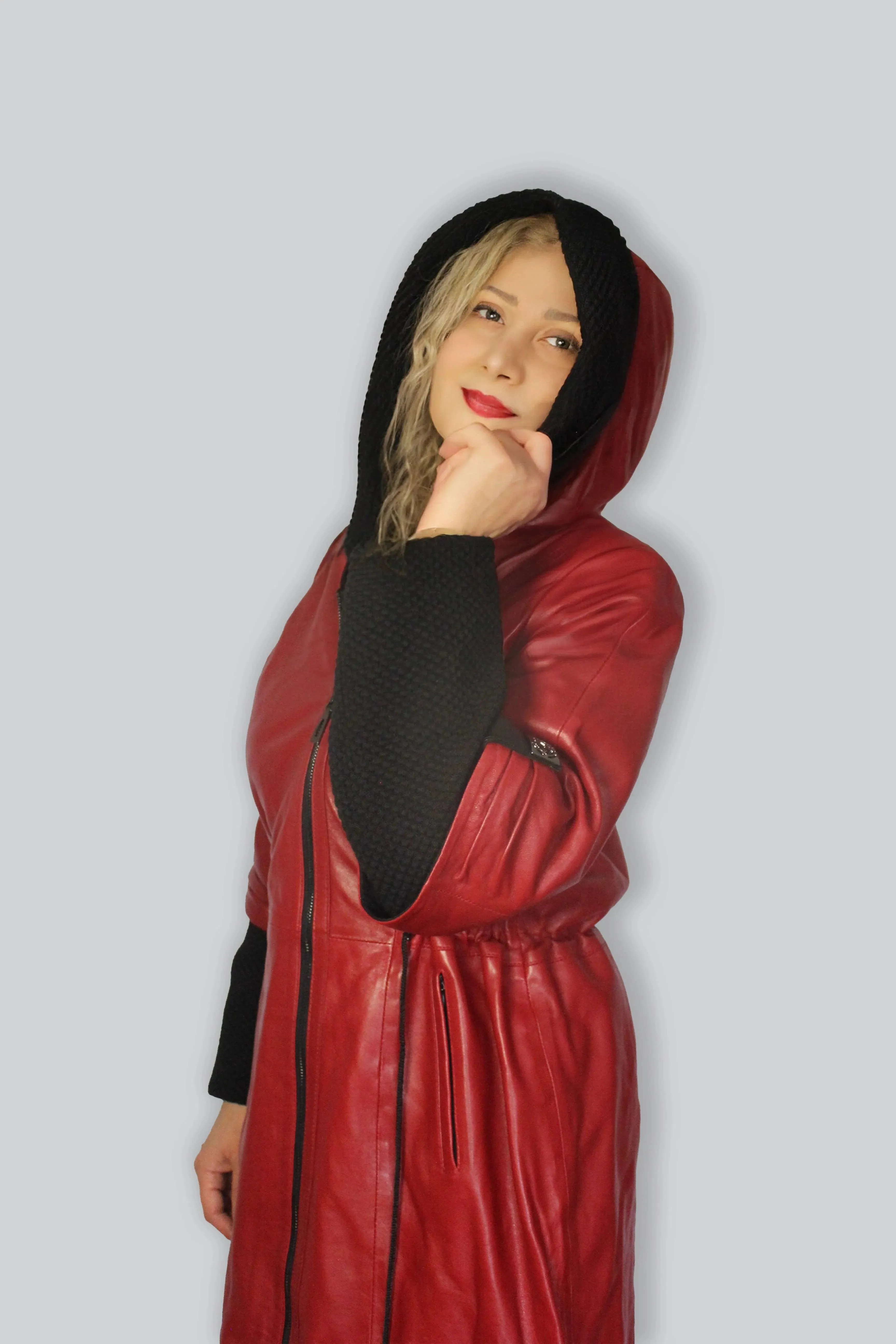 Chic Red Lamb Leather & Black Spun Wool Three-Quarter Jacket