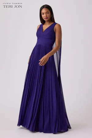 Chiffon Pleated Cape Back V Neck Gown