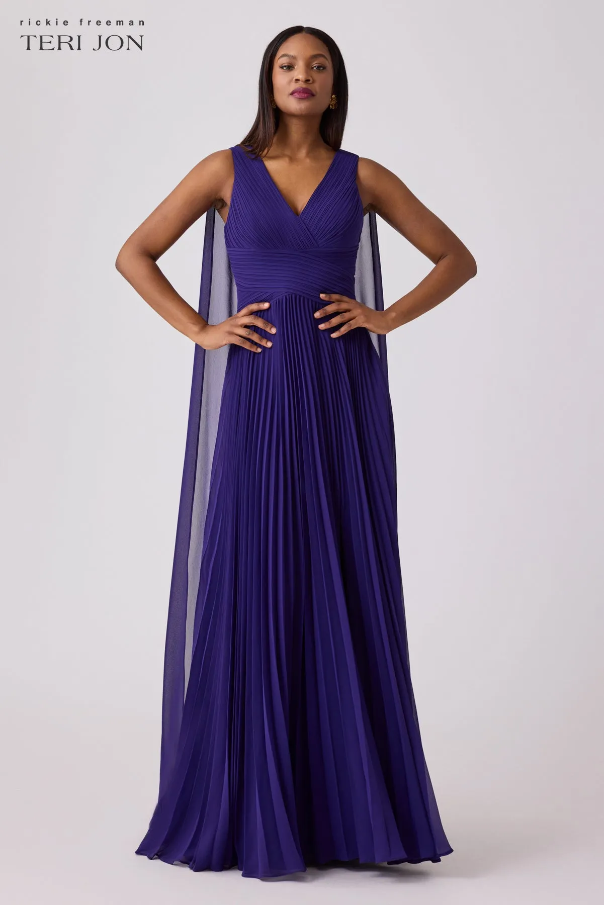 Chiffon Pleated Cape Back V Neck Gown