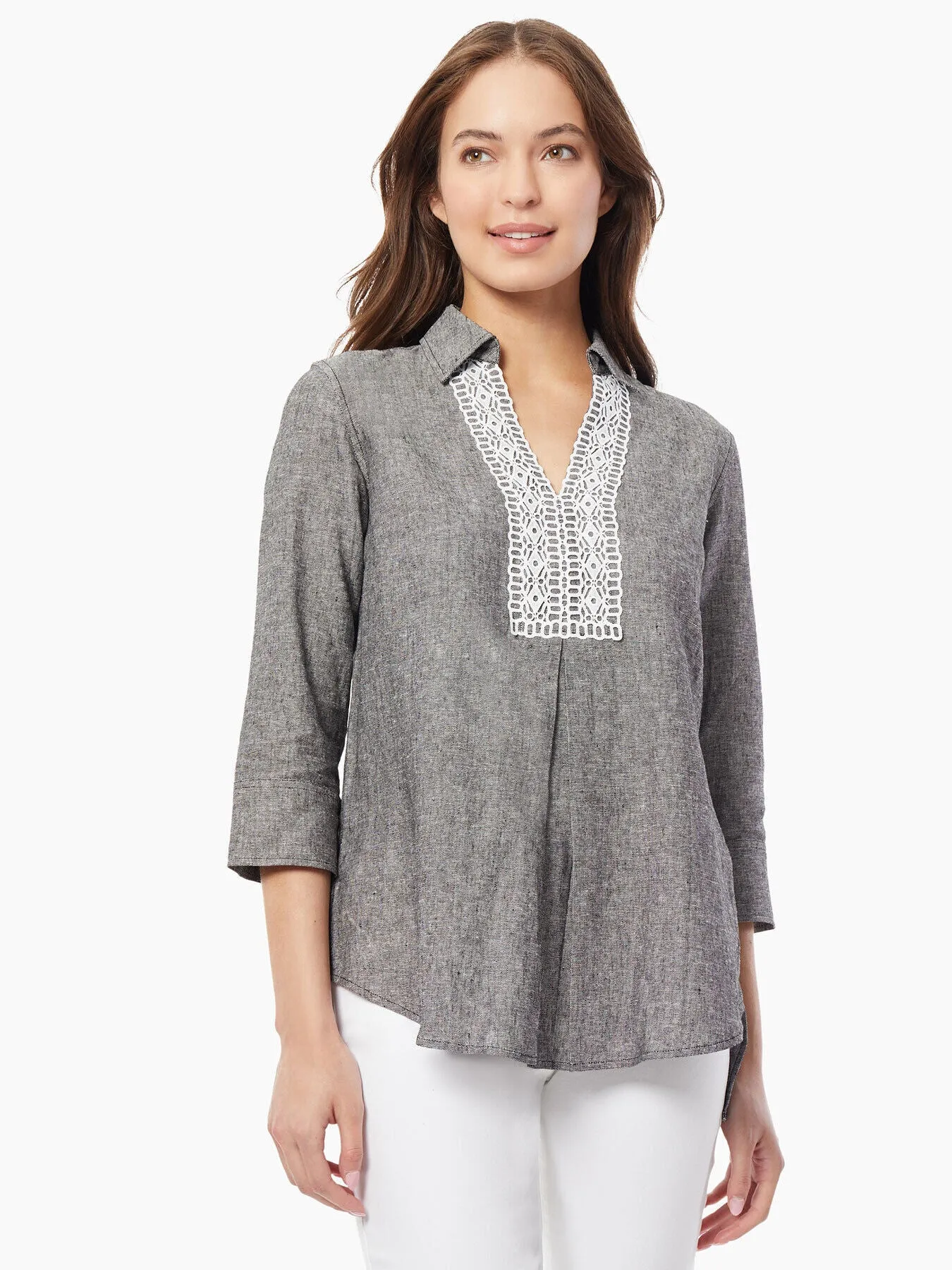 Collared Lace-Front Linen-Blend Blouse