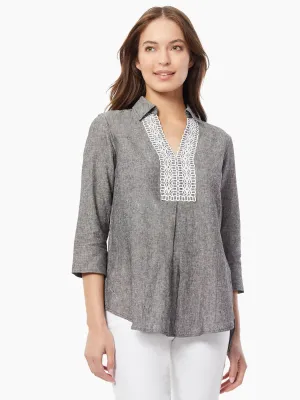 Collared Lace-Front Linen-Blend Blouse