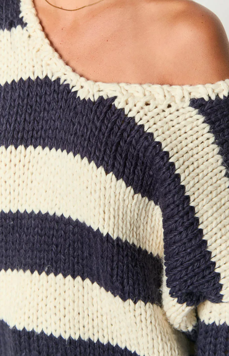 Delvey Navy Striped Chunky Knit Sweater