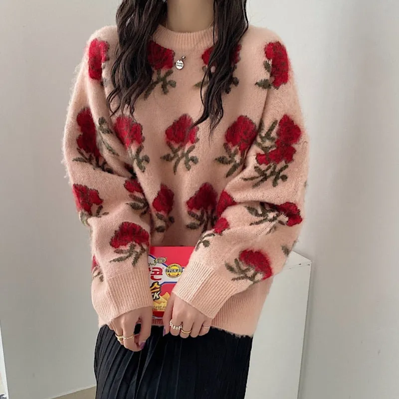 Designed Women Jumper Elegant Korean Women Rose Embroidery Sweater Pullover Winter Thick Ladies Casual Tops