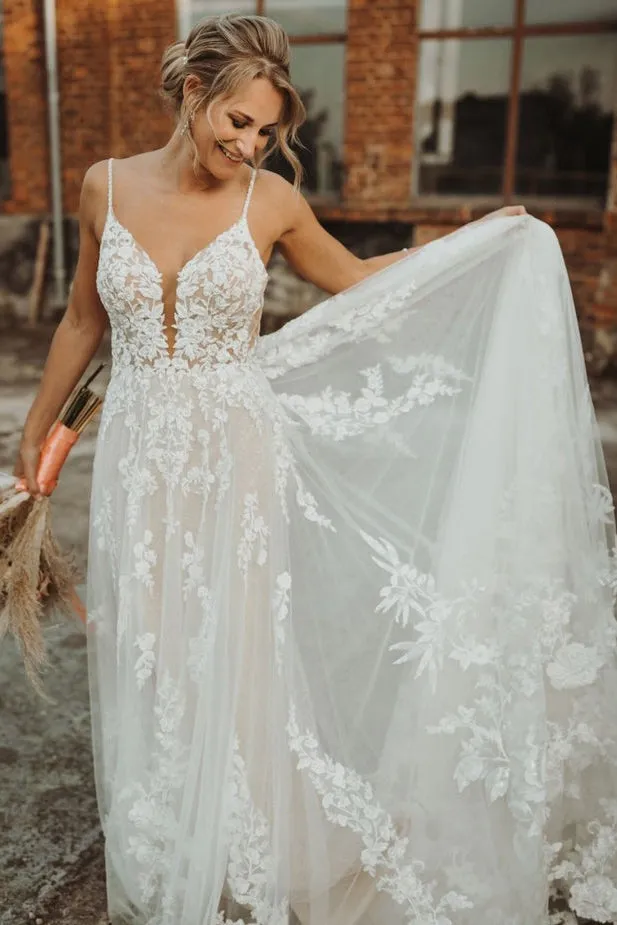 Elegant A Line V Neck Tulle Lace Wedding Dresses N128