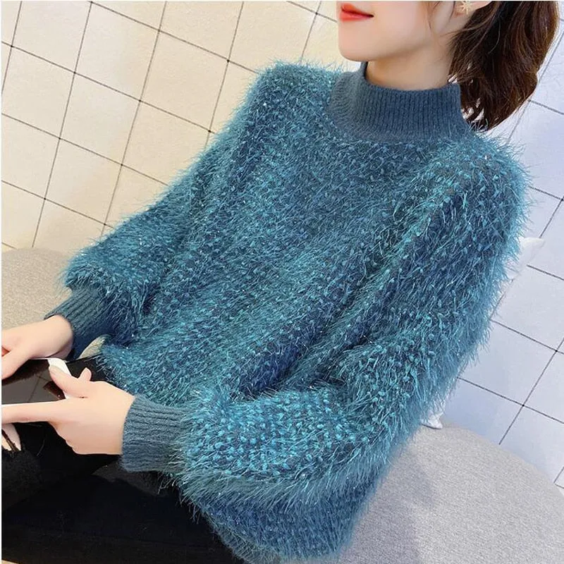 Elegant Tassel Women Sweater Winter Thick Faux Fur Knitted Pullover Jumper Half Turtleneck Loose Long Sleeve Female Top