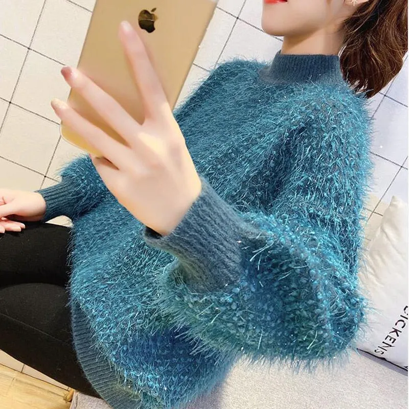 Elegant Tassel Women Sweater Winter Thick Faux Fur Knitted Pullover Jumper Half Turtleneck Loose Long Sleeve Female Top