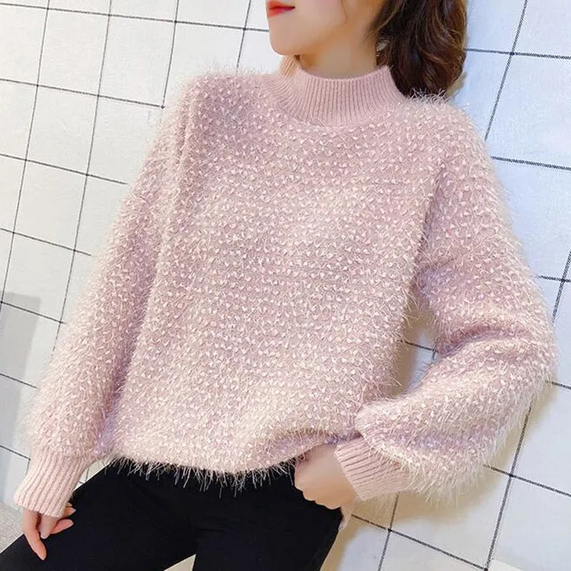 Elegant Tassel Women Sweater Winter Thick Faux Fur Knitted Pullover Jumper Half Turtleneck Loose Long Sleeve Female Top