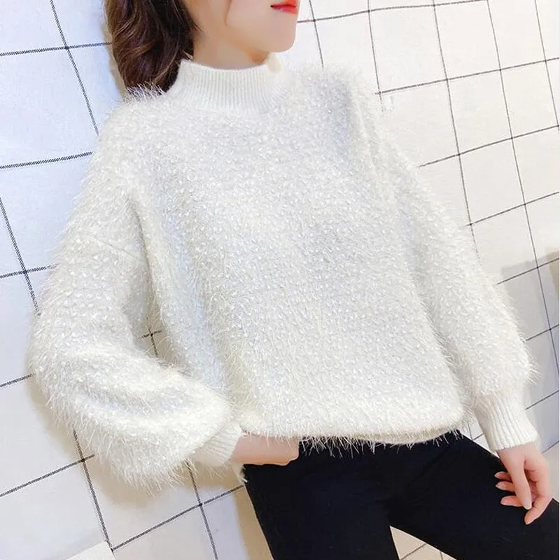 Elegant Tassel Women Sweater Winter Thick Faux Fur Knitted Pullover Jumper Half Turtleneck Loose Long Sleeve Female Top