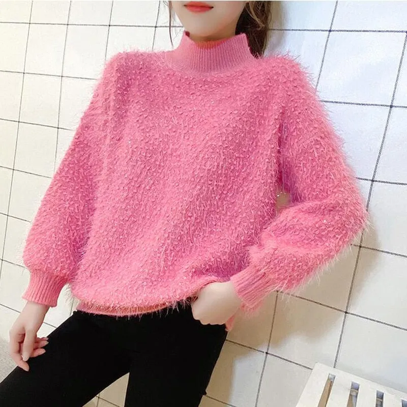 Elegant Tassel Women Sweater Winter Thick Faux Fur Knitted Pullover Jumper Half Turtleneck Loose Long Sleeve Female Top