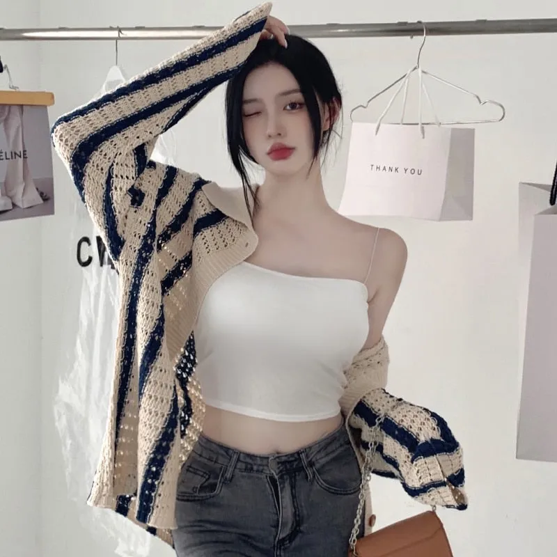 Fashion Striped Women Knitted Cardigan Sexy Hollow Winter Sweater Coats Turn Down Collar Thick Button Up Female Cute Jacket