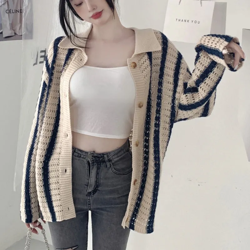 Fashion Striped Women Knitted Cardigan Sexy Hollow Winter Sweater Coats Turn Down Collar Thick Button Up Female Cute Jacket