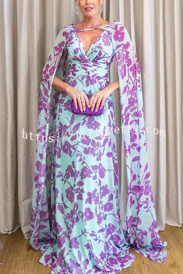 Feel The Romance Floral Print Removable Cape Sleeve Flowy Maxi Dress