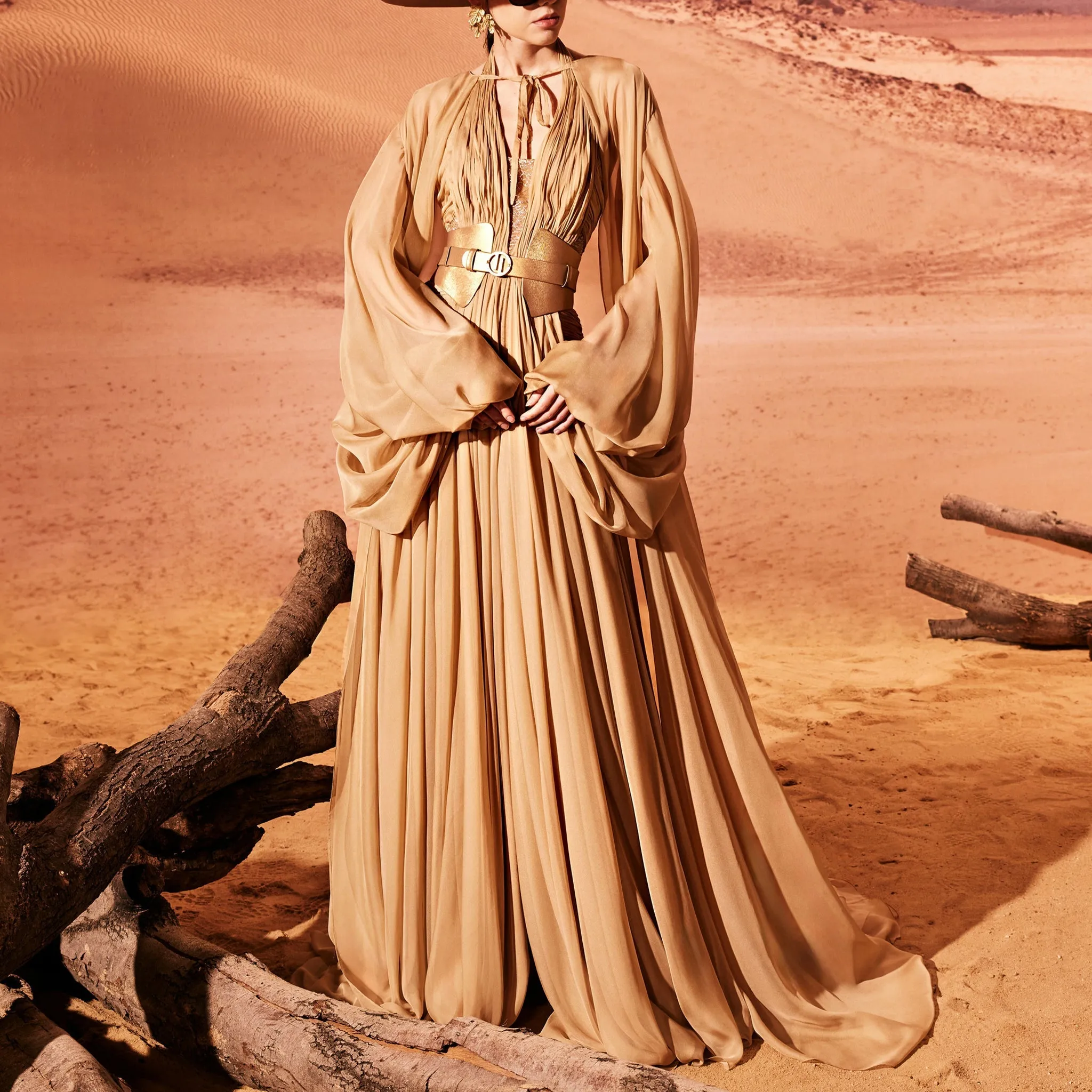 Flowy Camel Muslin Dress With Cape