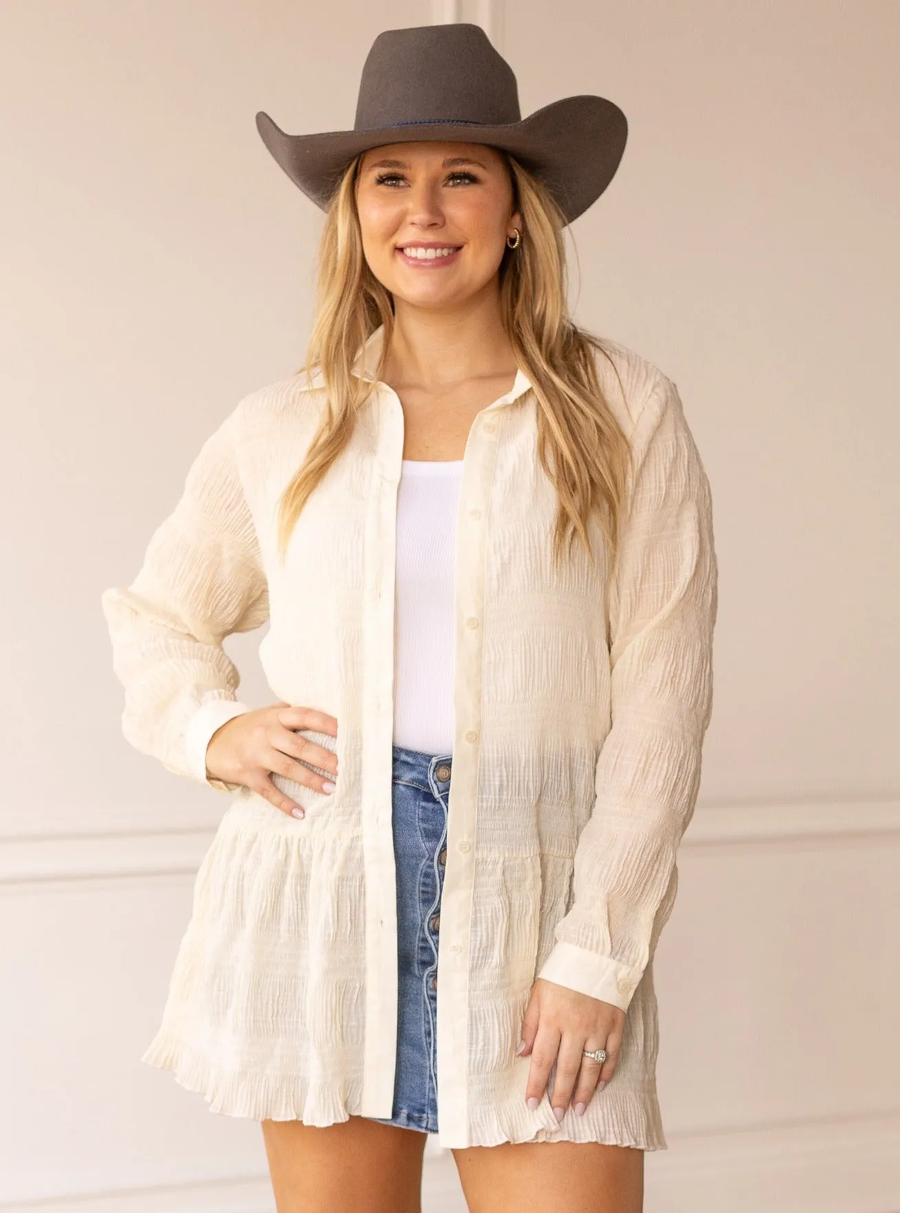 Gauzy Button Up Tunic, Off White