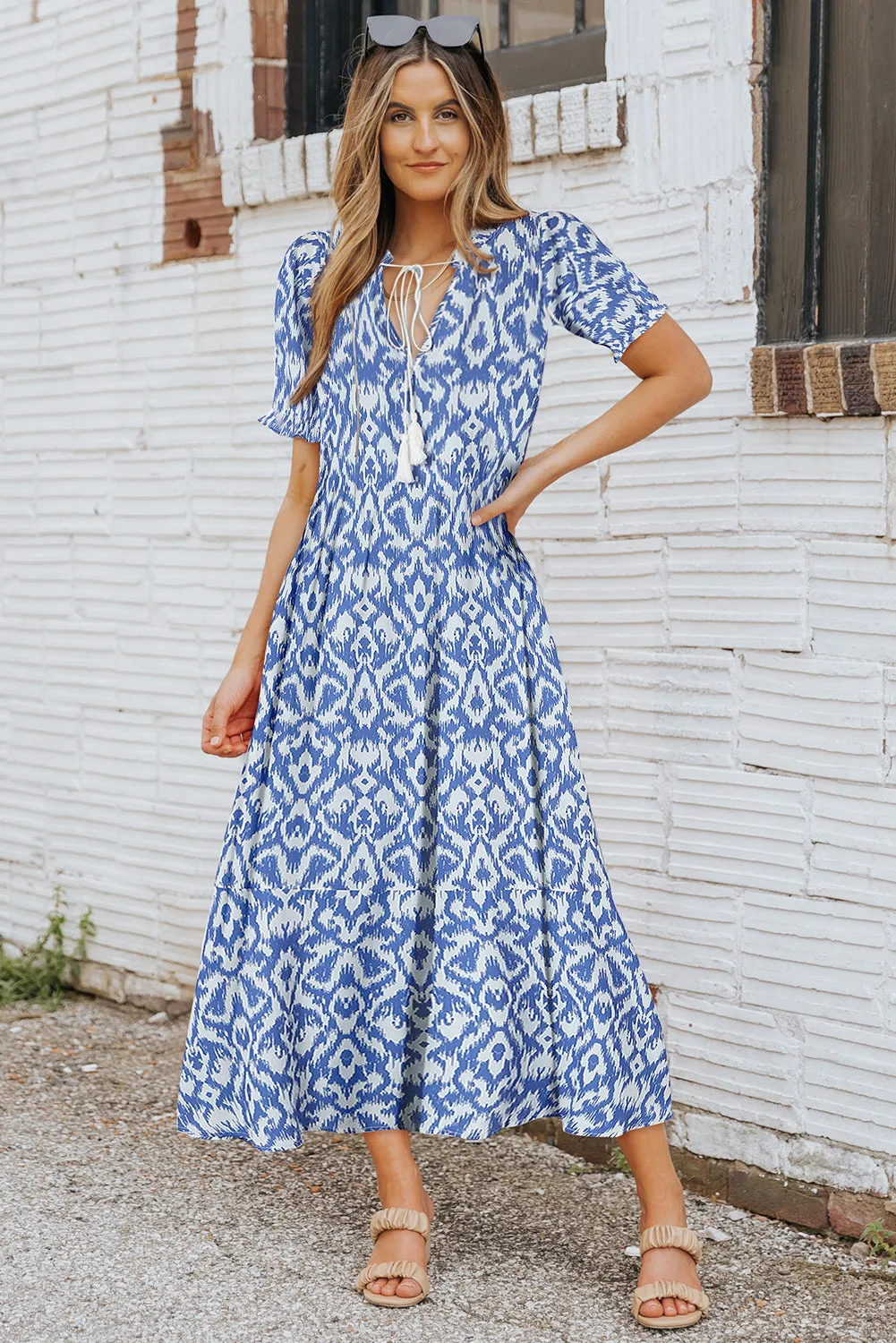 Geometric Print V-Neck Maxi Dress