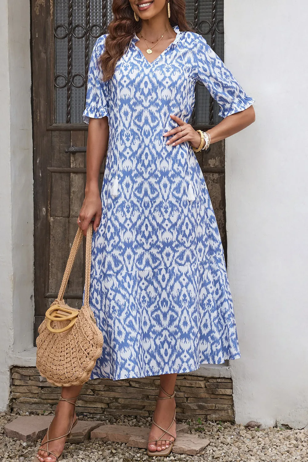 Geometric Print V-Neck Maxi Dress