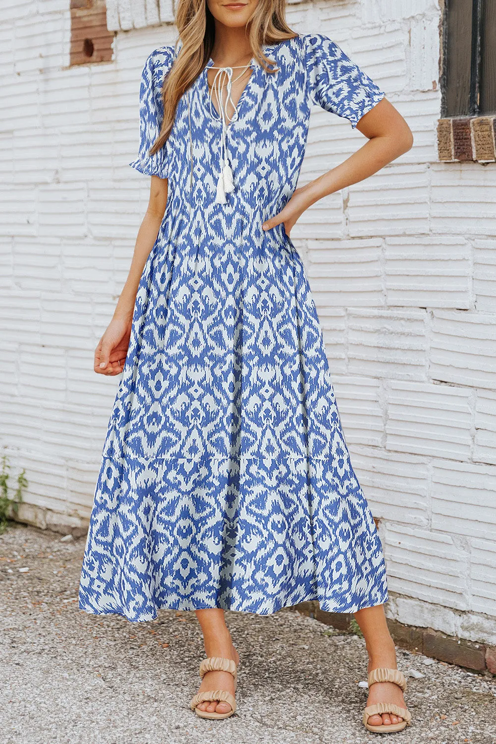 Geometric Print V-Neck Maxi Dress