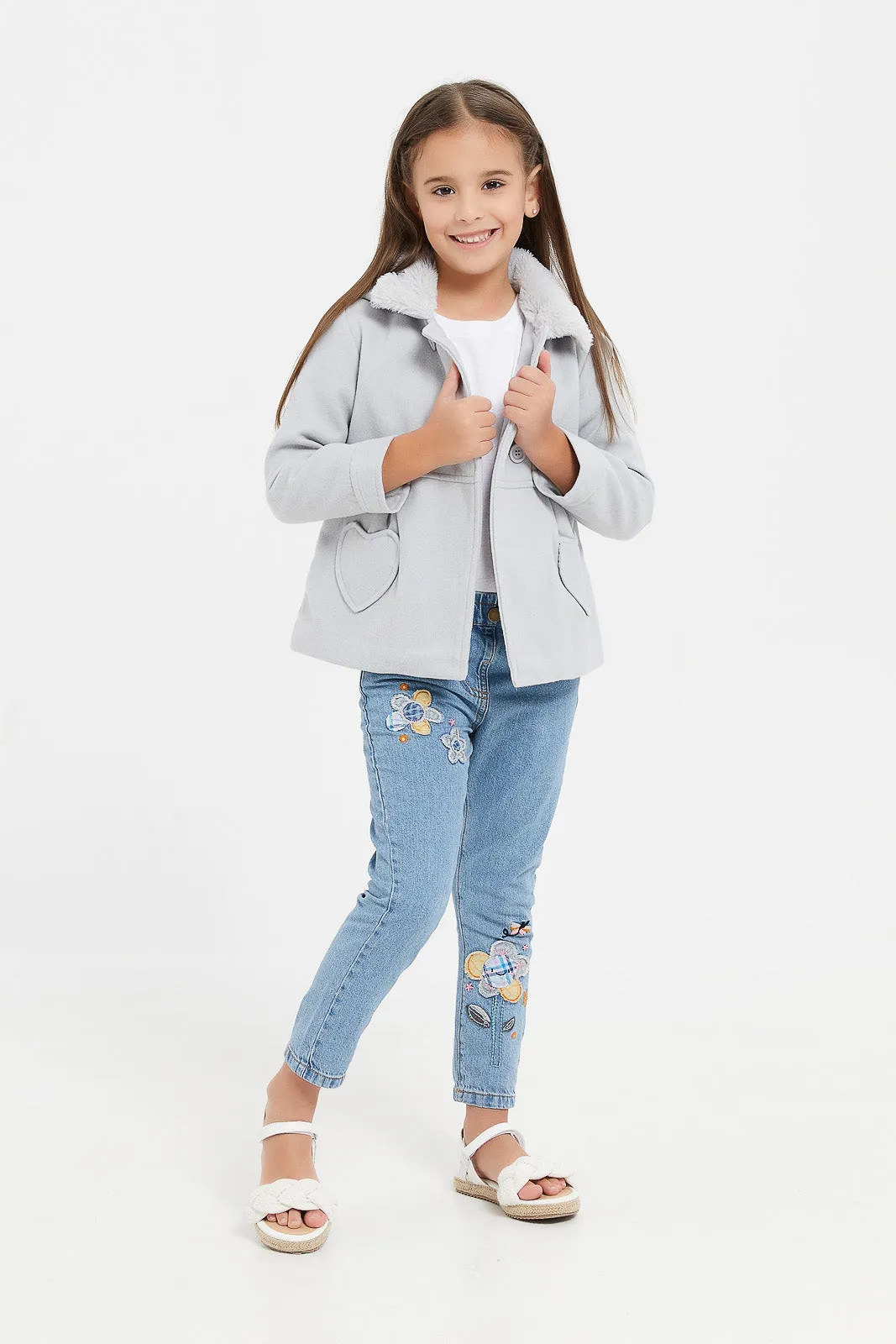 Girls Grey Hooded Melton Jacket