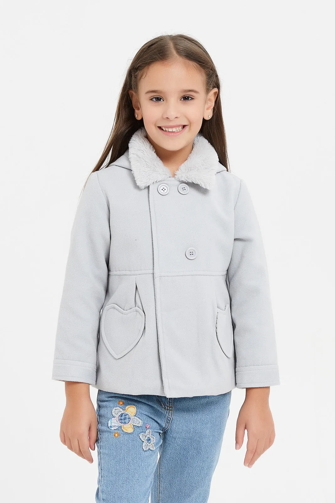 Girls Grey Hooded Melton Jacket