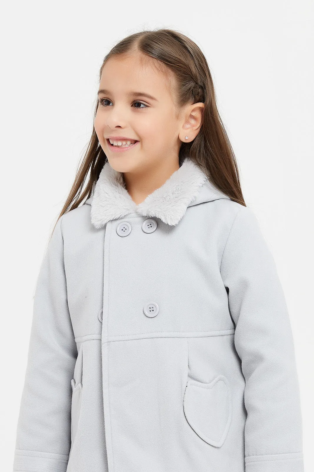 Girls Grey Hooded Melton Jacket