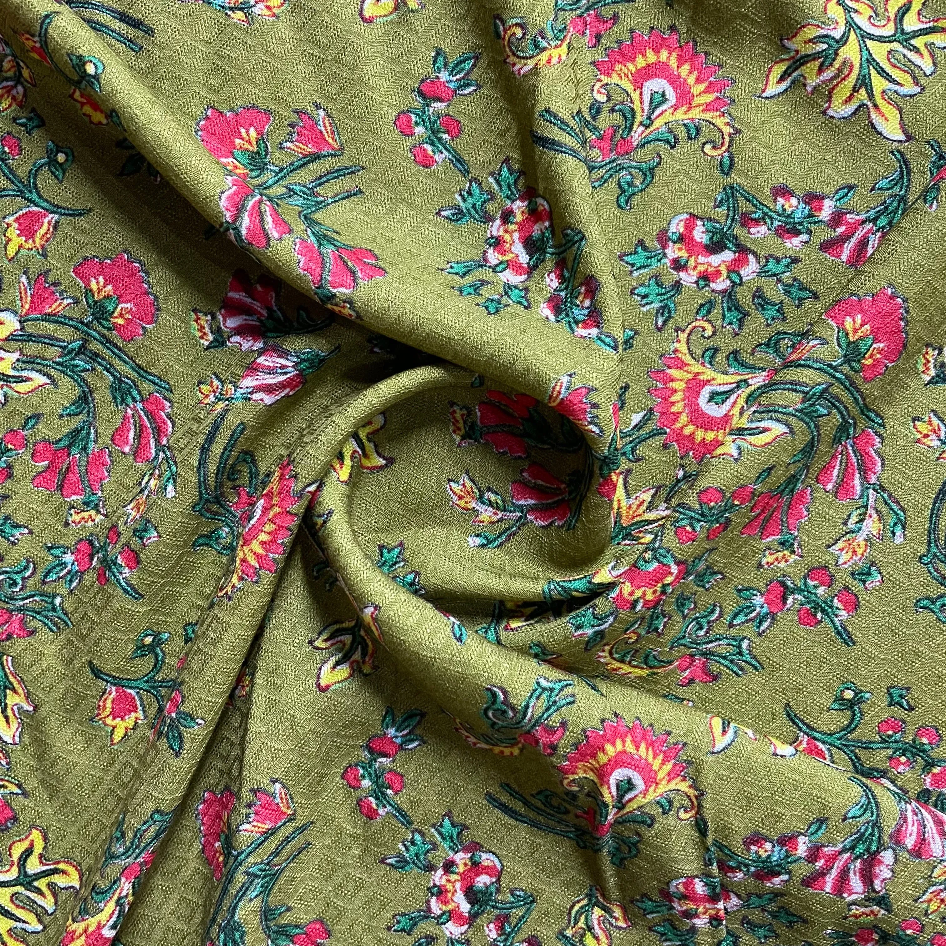 Green Floral Print Viscose Fabric