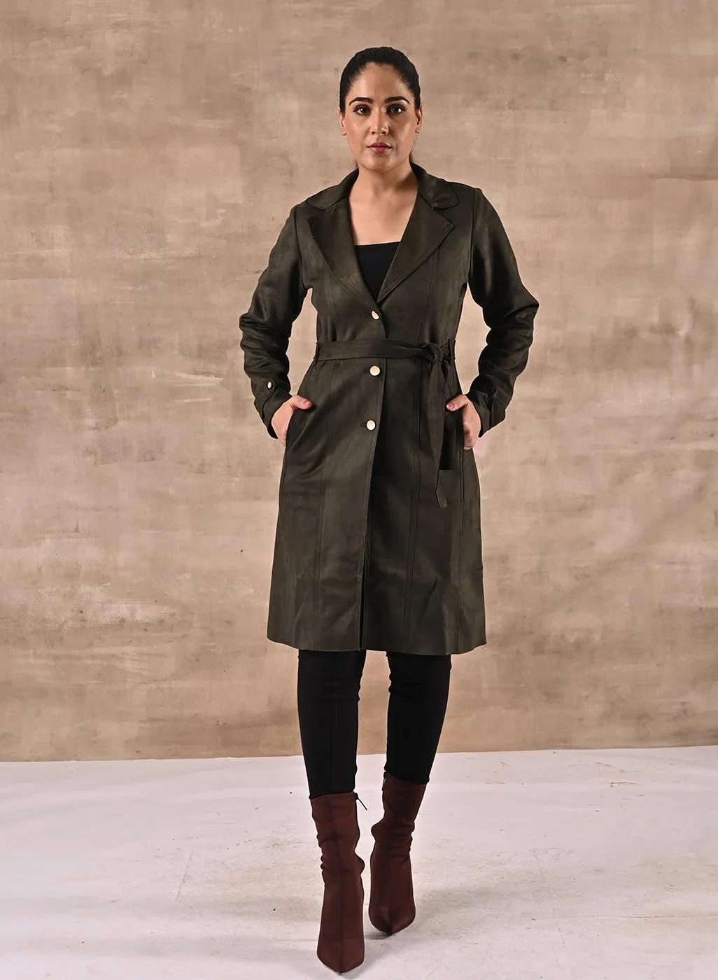 Green Full Sleeve Tie Belt Trench Coat