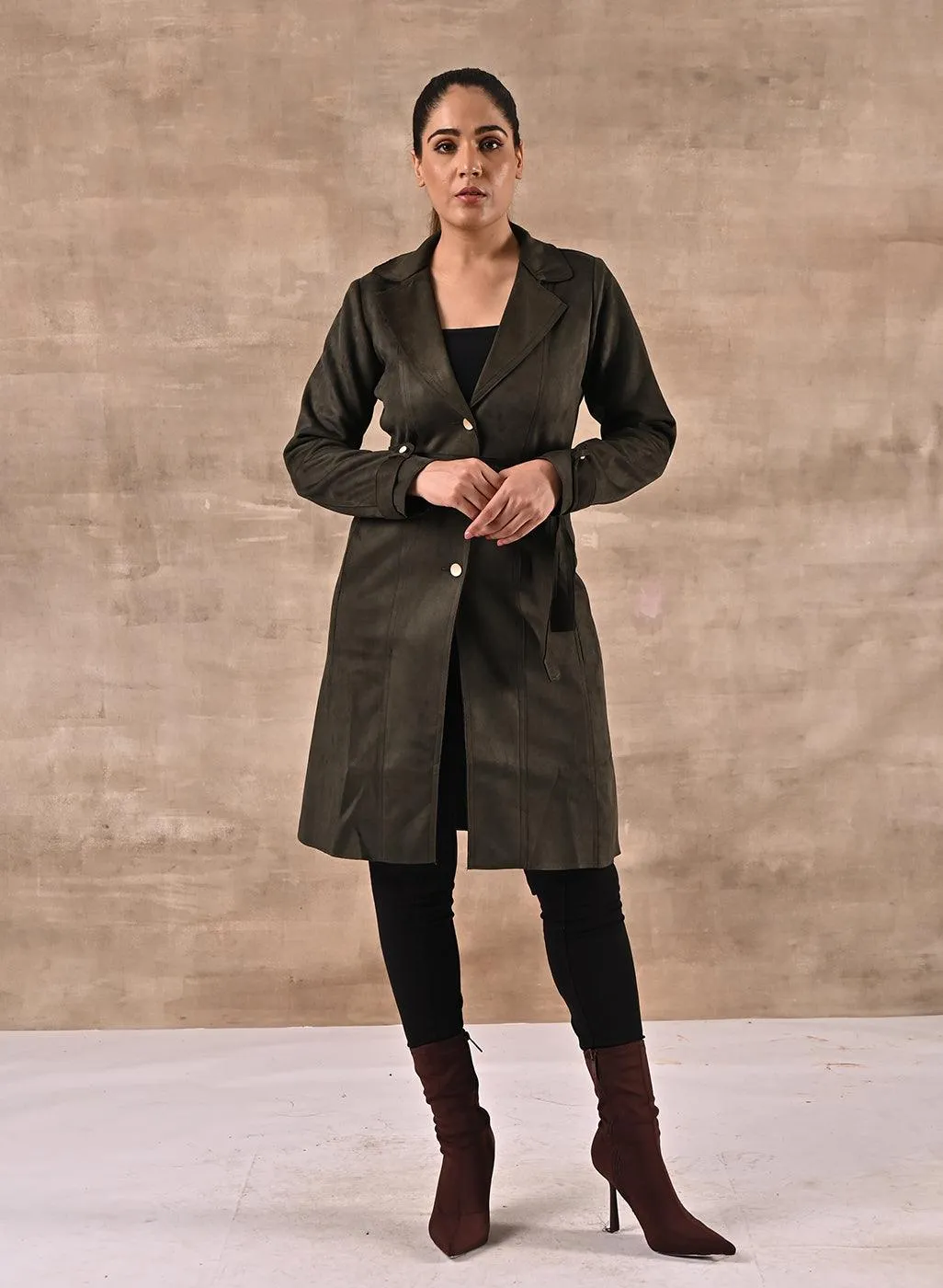 Green Full Sleeve Tie Belt Trench Coat