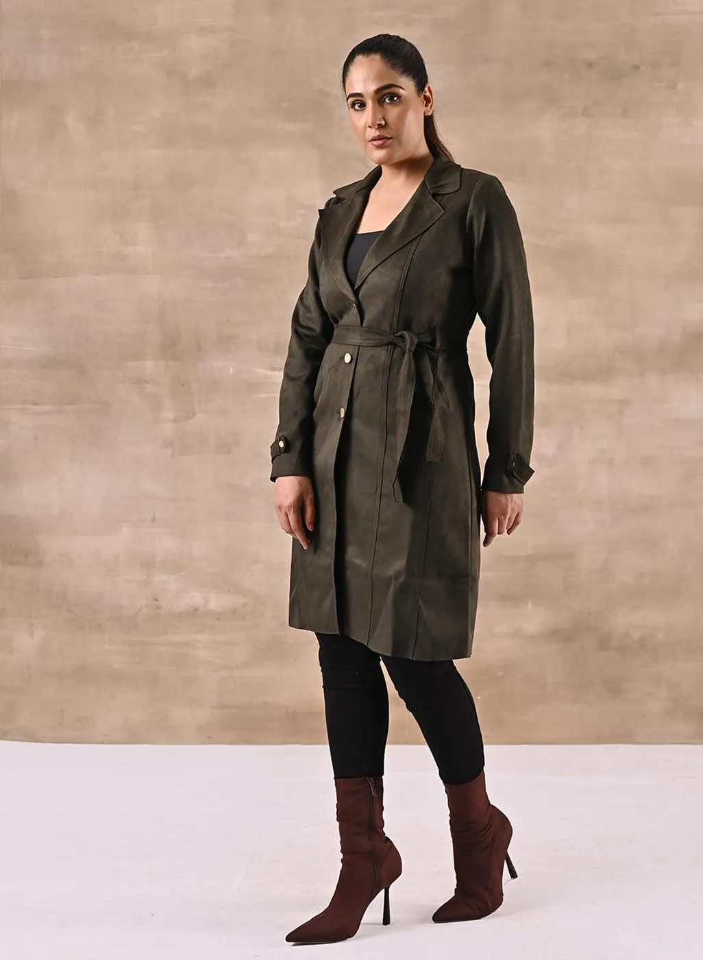 Green Full Sleeve Tie Belt Trench Coat