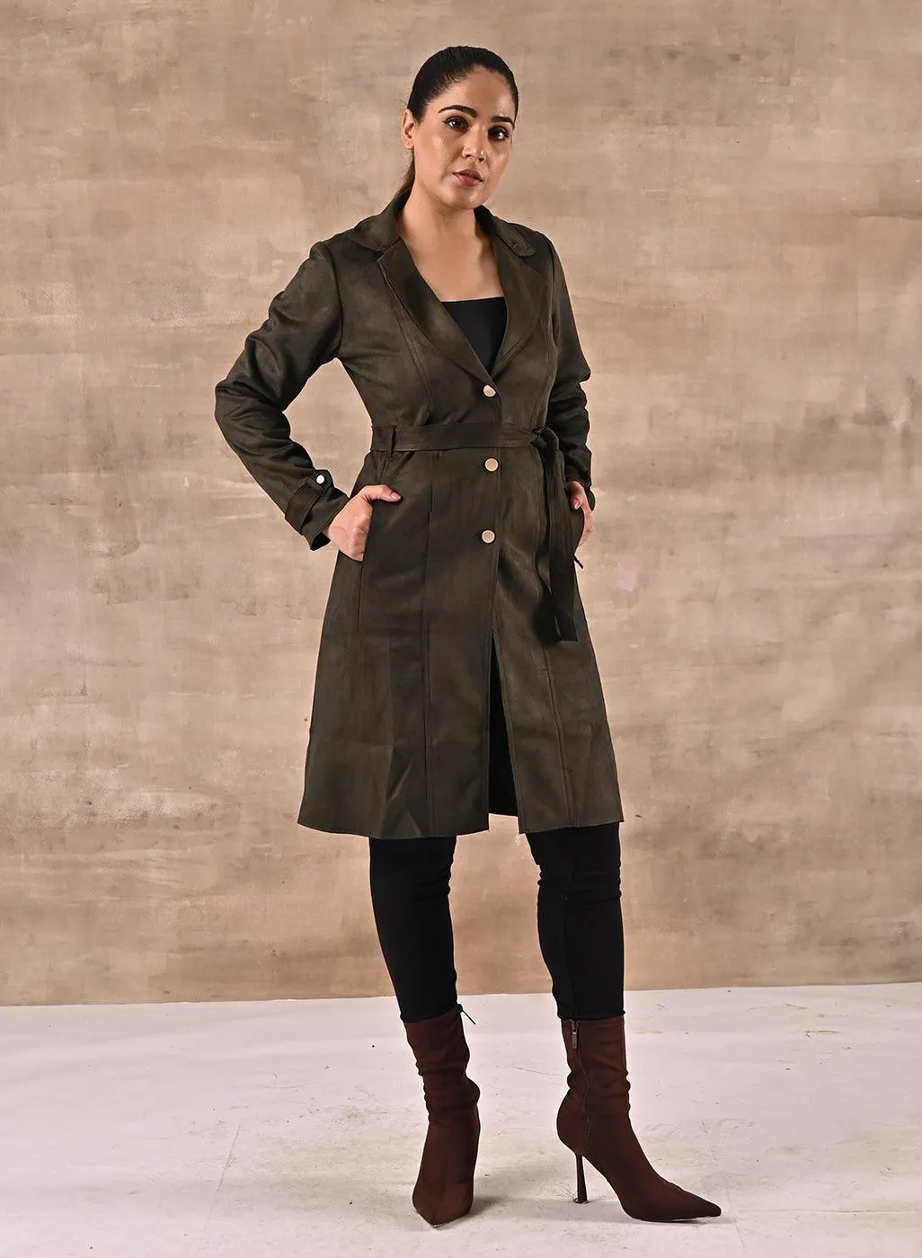 Green Full Sleeve Tie Belt Trench Coat