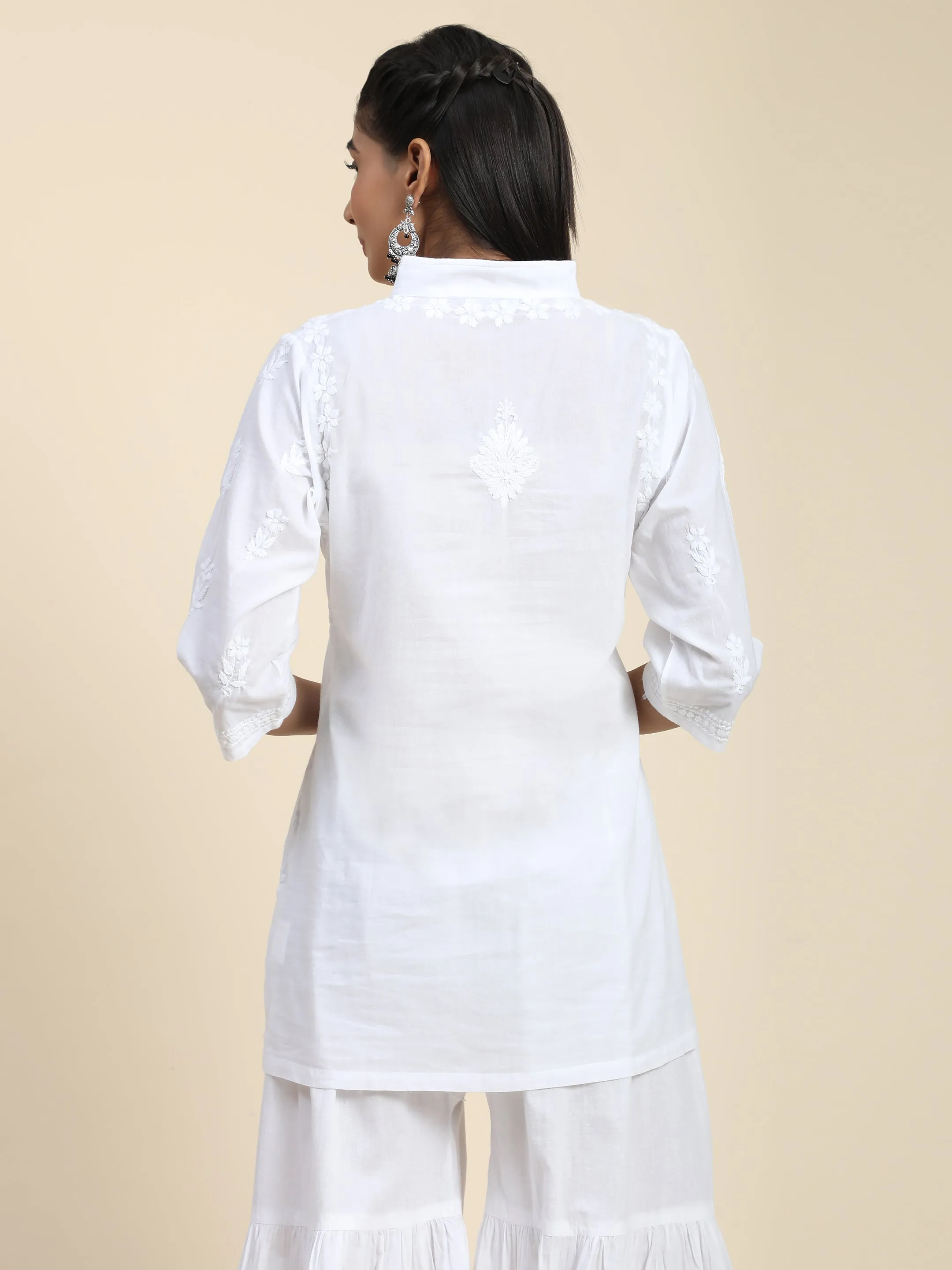 Hand Embroidery Chikankari Printed Short Cotton Tunics-White