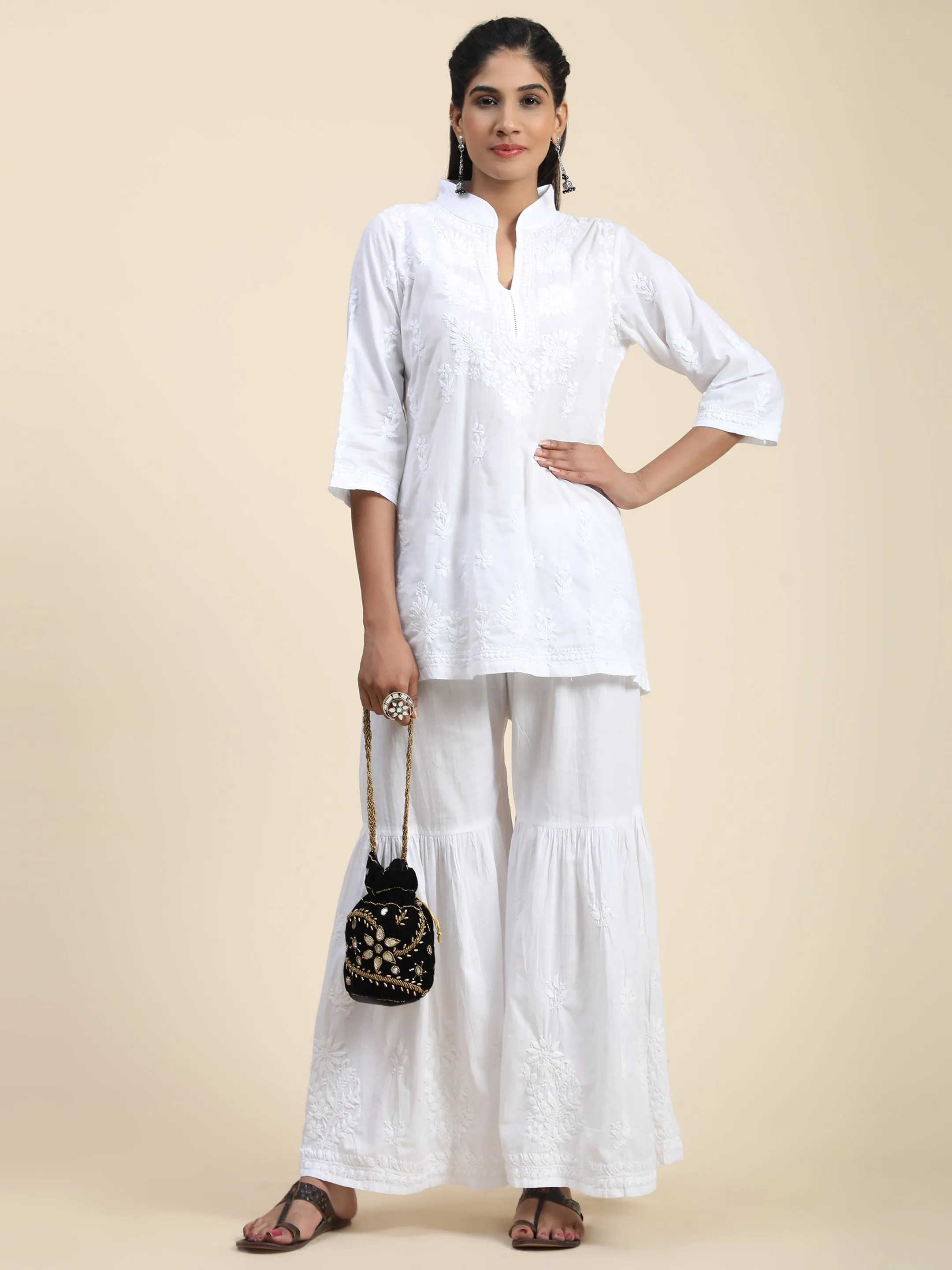 Hand Embroidery Chikankari Printed Short Cotton Tunics-White